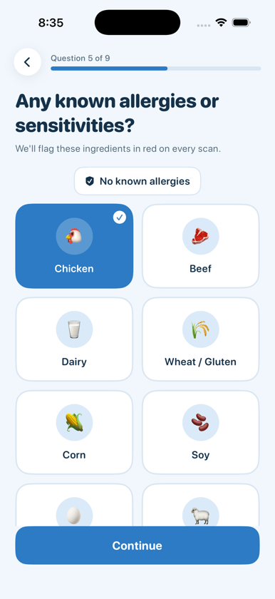 The allergy step of the dog profile quiz